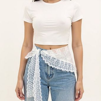 Women's Sheer Lace Embroidered Waist Belt with Scalloped Edge and Tie Detail 59 in