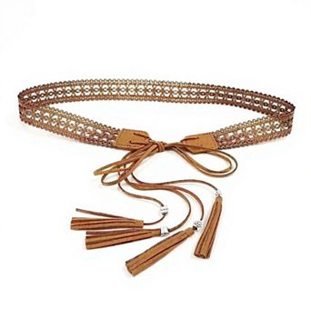Women's Braided Faux Leather Waist Belt with Tassel Tie Detail 67 in