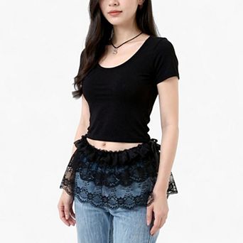 Women's Ruffled Lace Overlay Waist Belt with Scalloped Hem and Ribbon Tie 45.5in