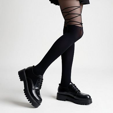 Women's Sheer Tights with Crisscross Lace-Up Detail and Opaque Lower Leg Design