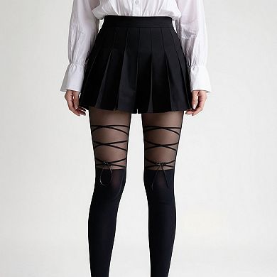 Women's Sheer Tights with Crisscross Lace-Up Detail and Opaque Lower Leg Design