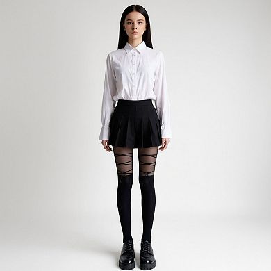 Women's Sheer Tights with Crisscross Lace-Up Detail and Opaque Lower Leg Design