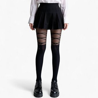 Women's Sheer Tights with Crisscross Lace-Up Detail and Opaque Lower Leg Design