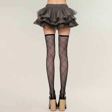 Anna-Kaci Women's Sheer Diamond Pattern Thigh High Stockings with Soft Stretch Fit