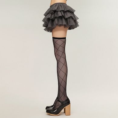 Anna-Kaci Women's Sheer Diamond Pattern Thigh High Stockings with Soft Stretch Fit