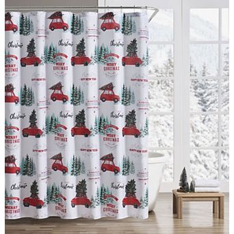 Kate Aurora Tis The Season Holiday Pick Up Truck and Christmas Trees Fabric Shower Curtain