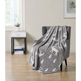 Kate Aurora Ultra Plush Gray Christmas Trees and Reindeer Hypoallergenic Fleece Throw Blanket