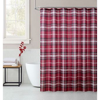 Kate Aurora Tis' The Season Holiday Christmas Plaid Fabric Shower Curtain With 12 Matching Hooks