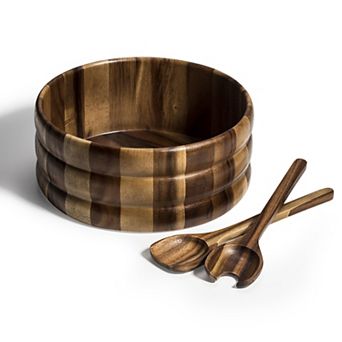 Ribbed Acacia Wood Salad Bowl Set with Matching Servers,