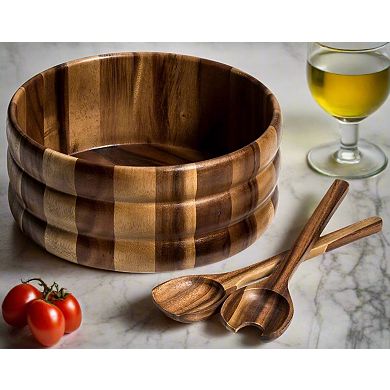 Ribbed Acacia Wood Salad Bowl Set with Matching Servers,