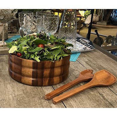 Ribbed Acacia Wood Salad Bowl Set with Matching Servers,