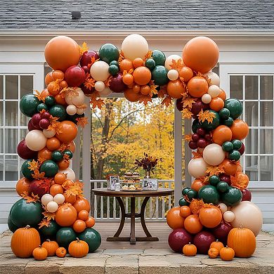 Fall Balloon Garland Arch Kit - Dark Green, Red, White, Orange with Maple Leaves for Thanksgiving