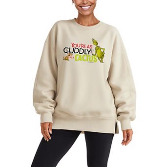 Women's Dr. Seuss The Grinch You're Cuddly As A Cactus Oversized Fleece Crew Sweatshirt