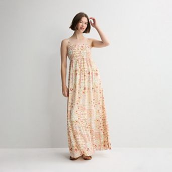 Juniors' Pink Rose Smocked Maxi Dress