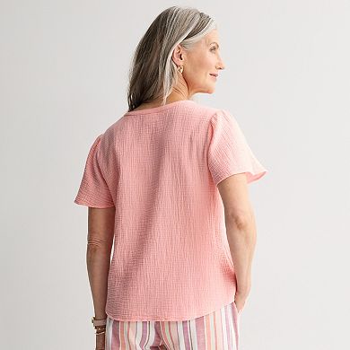 Petite Croft & Barrow® Split Neck Tassel Top
