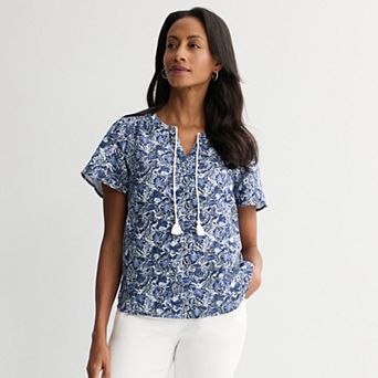 Petite Croft & Barrow® Split Neck Tassel Top