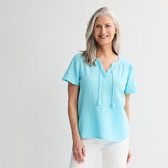 Petite Croft & Barrow® Split Neck Tassel Top