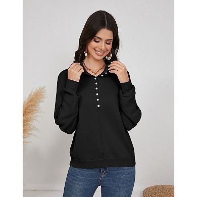 Women’s Batwing Long Sleeve Knit Sweaters, Button Up V Neck Casual Pullover