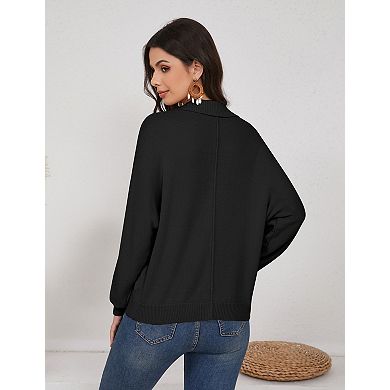 Women’s Batwing Long Sleeve Knit Sweaters, Button Up V Neck Casual Pullover