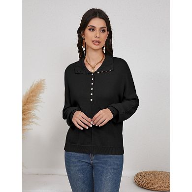 Women’s Batwing Long Sleeve Knit Sweaters, Button Up V Neck Casual Pullover