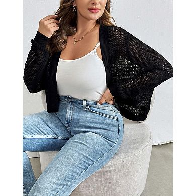 Womens Plus Size Lightweight Cardigan Sweater Open Front Long Sleeve Knitted Cropped Shrug