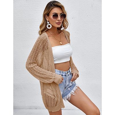 Women's Lightweight Crochet Cardigan Open Front Long Sleeve