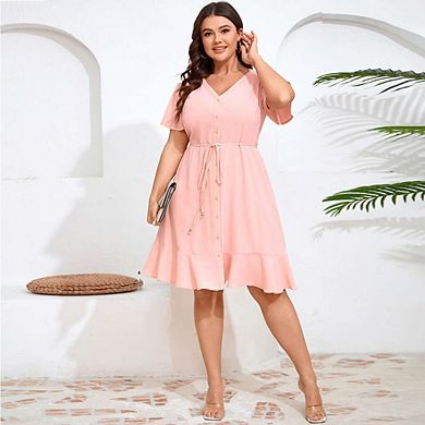 Women Plus Size Button Down V Neck Midi Dress Short Sleeve Ruffle Casual Summer Dress