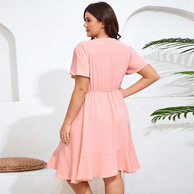 Women Plus Size Button Down V Neck Midi Dress Short Sleeve Ruffle Casual Summer Dress