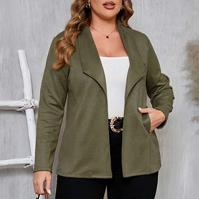 Women's Plus Size Suede Blazer Jacket - Single Button Closure, Notched Lapel Blazer
