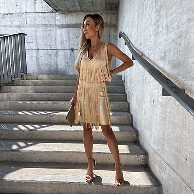 Women's Bodycon V-Neck Fringe Party Dress Sleeveless Mini Dress Clubwear Cocktail Dress