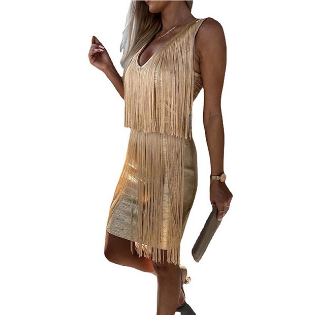 Women's Bodycon V-Neck Fringe Party Dress Sleeveless Mini Dress Clubwear Cocktail  Dress