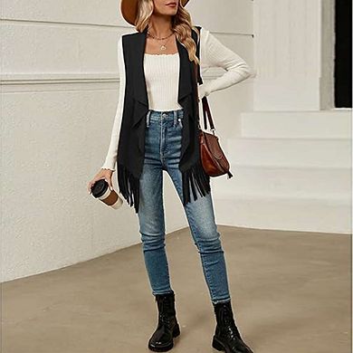 Women's Fringe Vest - Sleeveless Long Lapel Open Front Cardigan for Casual Outfits