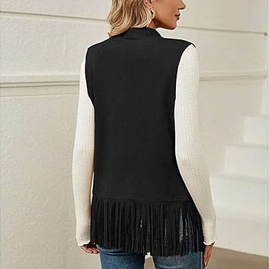 Women's Fringe Vest - Sleeveless Long Lapel Open Front Cardigan for Casual Outfits