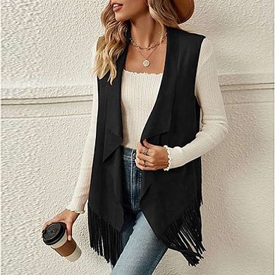 Women's Fringe Vest - Sleeveless Long Lapel Open Front Cardigan for Casual Outfits