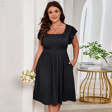 Plus Size Women Casual Midi Dress Short Sleeves High Waist Summer Dress with Pocket