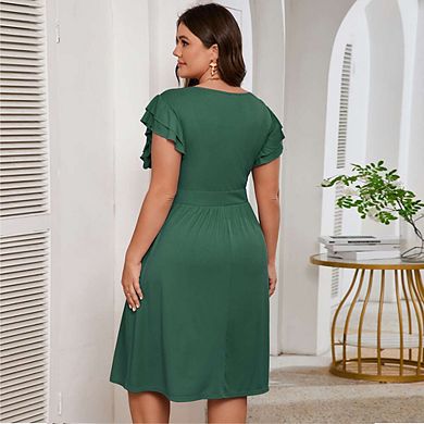 Plus Size Women Casual Midi Dress Short Sleeves High Waist Summer Dress with Pocket