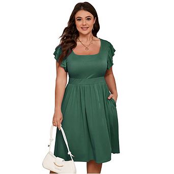 Plus Size Women Casual Midi Dress Short Sleeves High Waist Summer Dress with Pocket