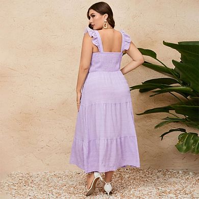 Plus Size Women's Midi Dress with Puff Sleeves, High Waist, Lightweight Summer Dress