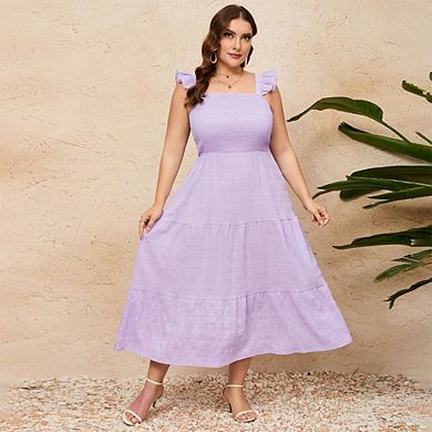 Plus Size Women's Midi Dress with Puff Sleeves, High Waist, Lightweight Summer Dress