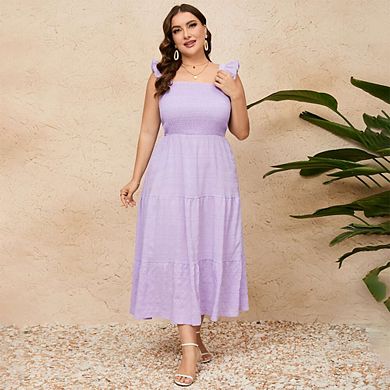 Plus Size Women's Midi Dress with Puff Sleeves, High Waist, Lightweight Summer Dress