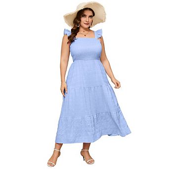 Plus Size Women's Midi Dress with Puff Sleeves, High Waist, Lightweight Summer Dress