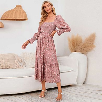 Women's Square Neck Smocked Top Long Sleeve Floral Print Casual Boho Maxi Dress