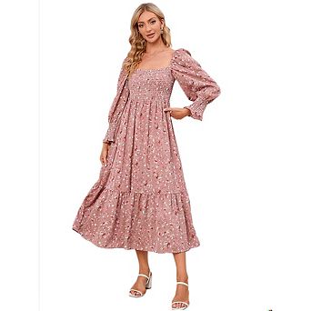Women's Square Neck Smocked Top Long Sleeve Floral Print Casual Boho Maxi Dress