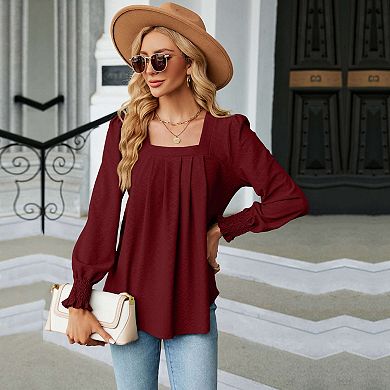 Women's Textured Square Neck Long Sleeve Tunic Top with Front Pleats