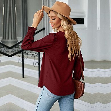 Women's Textured Square Neck Long Sleeve Tunic Top with Front Pleats