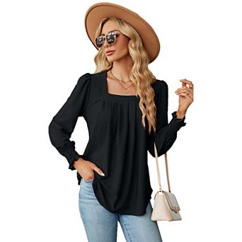 Women's Textured Square Neck Long Sleeve Tunic Top with Front Pleats