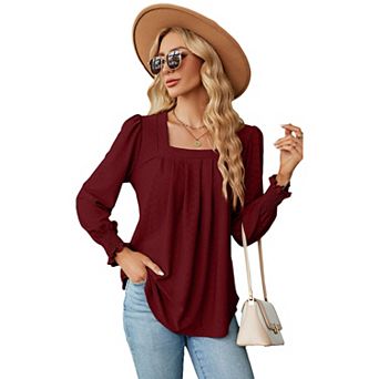Women's Textured Square Neck Long Sleeve Tunic Top with Front Pleats