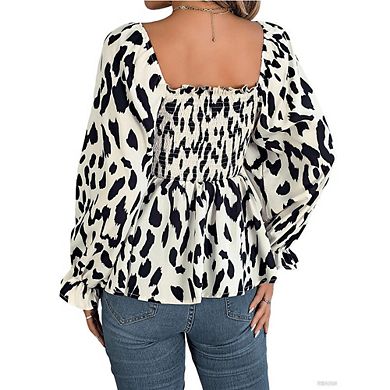 Women's Square Neck Ruffled Smocked Blouse - Puff Sleeve Top for Vintage Style