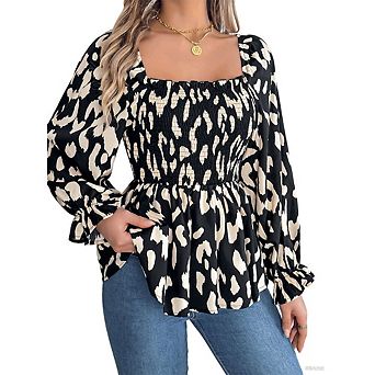 Women's Square Neck Ruffled Smocked Blouse - Puff Sleeve Top for Vintage Style