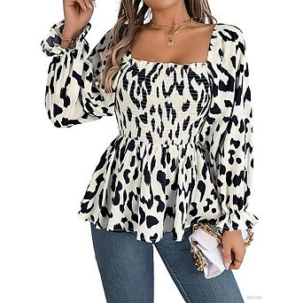 Women's Square Neck Ruffled Smocked Blouse - Puff Sleeve Top for Vintage Style